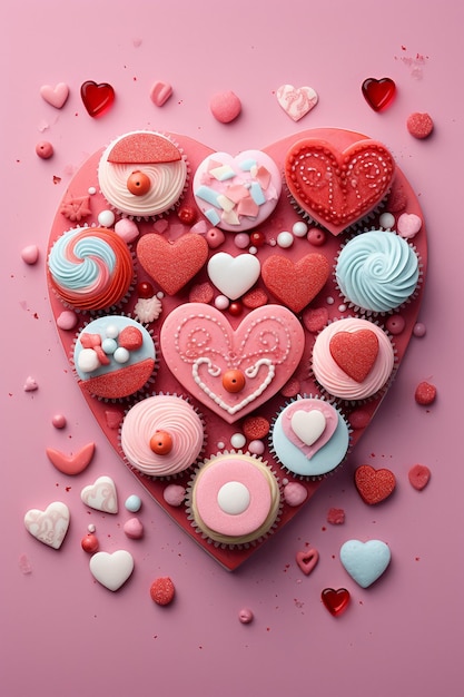 иллюстрация, изображающая ряд тематических кексов и сладостей на День святого Валентина