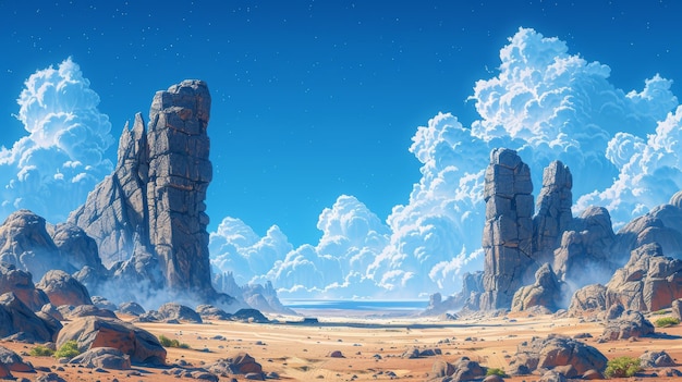Photo an illustration depicting a desert view with different combination of white clouds blue sky shifting sand and strange stone pillars a fantastic cartoonstyle wallpaper background scene
