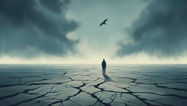 An illustration depicting a lone figure in a vast desolate landscape emphasizing feelings of isolation and melancholy ai generated