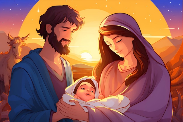 Illustration depicting mary joseph and jesus in the manger symbolizing the nativity