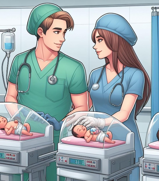 写真 新生児の世話をする病院の医療スタッフを描いたイラスト