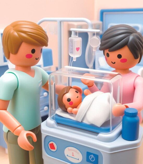 illustration depicting medical staff people at the hospital take care of newborn baby