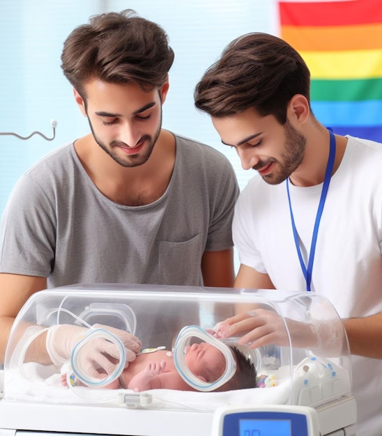 illustration depicting medical staff people at the hospital take care of newborn baby