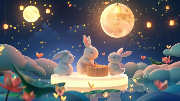 Photo illustration depicting midautumn festival rabbits pounding mochi on a glass disc moon cake and pieces floating in the sky translation happy midautumn festival