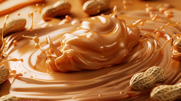 Photo illustration depicting peanut butter spread in a flay layer on a brown liquid with nut pods