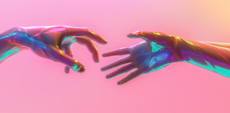 Photo illustration depicting two artificial hands about to touch one another recalling adam39s creation scene