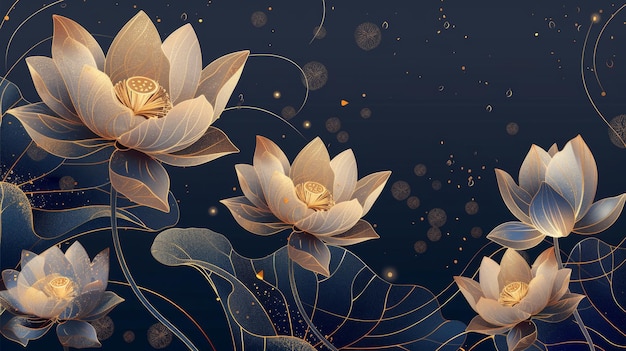 Photo the illustration depicts a luxurious background design with golden lotus flowers on a white background it is suitable for wallpapers natural wall arts banners prints invitations packaging etc