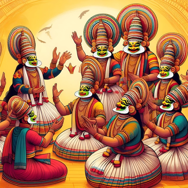 Foto un'illustrazione raffigura persone che si impegnano nella tradizionale danza del kerala kathakali con cos vibranti