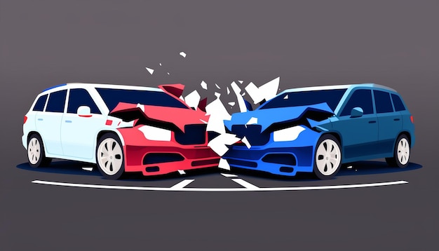 the illustration depicts a traffic accident between two cars at a crossroad or street resulting in front bumper damage