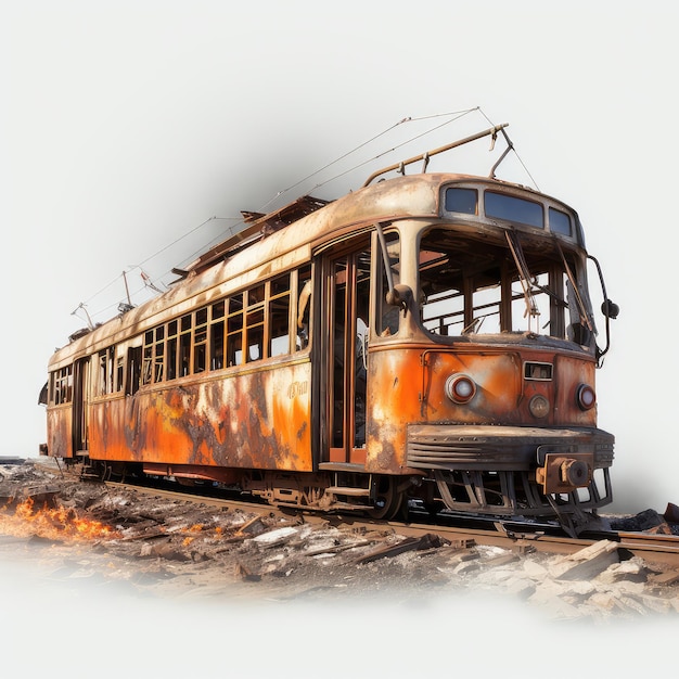 Photo illustration derelict tram rust wrecked burnt smashed perfect presentation