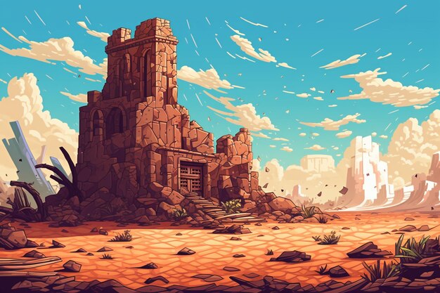 Photo illustration of a desert landscape with a castle in the middle generative ai