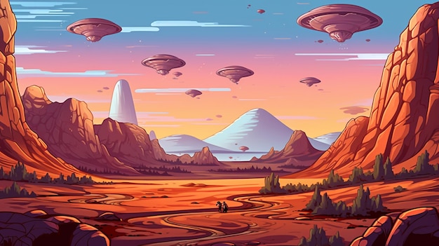 Illustration of a desert landscape with flying saucers and mountains generative ai