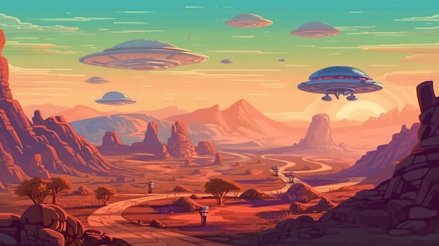 Illustration of a desert landscape with flying saucers and a road generative ai