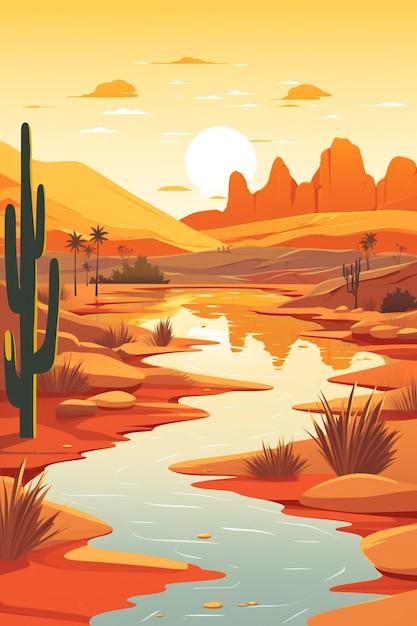 Illustration of a desert landscape with a river and cactus trees generative ai