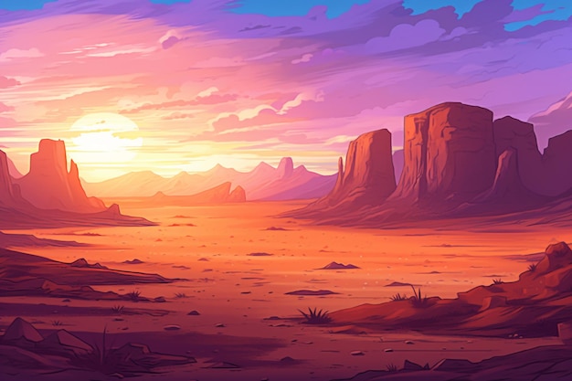 Illustration of a desert landscape with a sunset generative ai