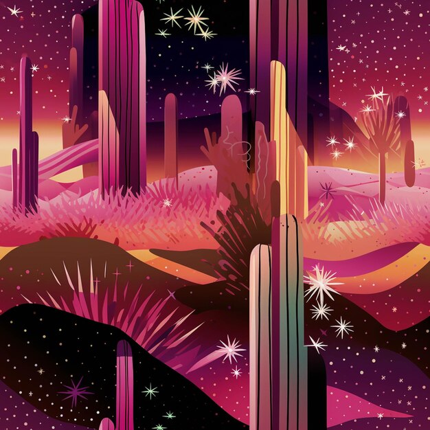 Illustration of a desert scene with cactus trees and stars generative ai