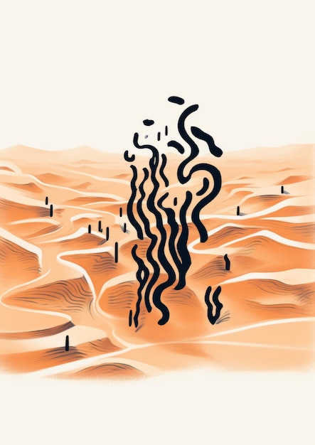 Illustration of a desert with sand dunes and smoke on a white background