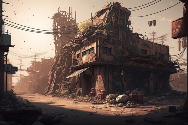 Illustration of a deserted postapocalyptic city