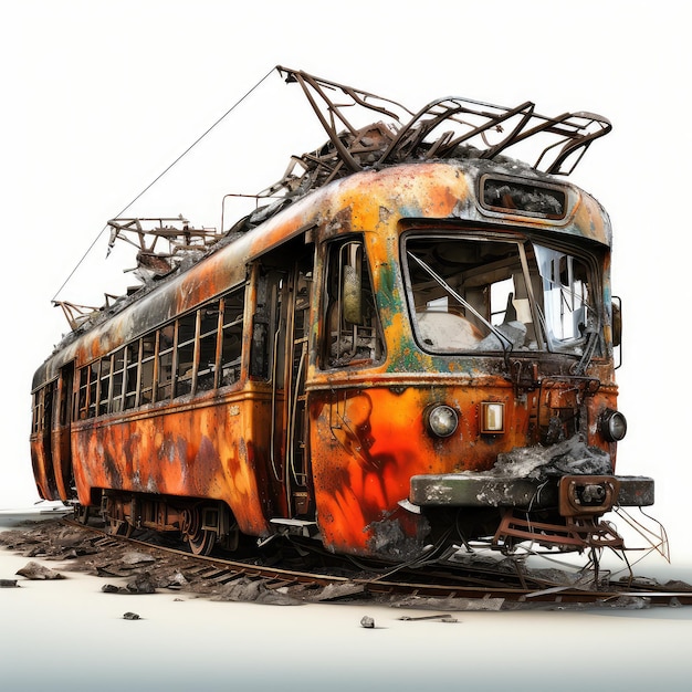 Photo illustration deserted tram rust collided burnt smashed perfect display