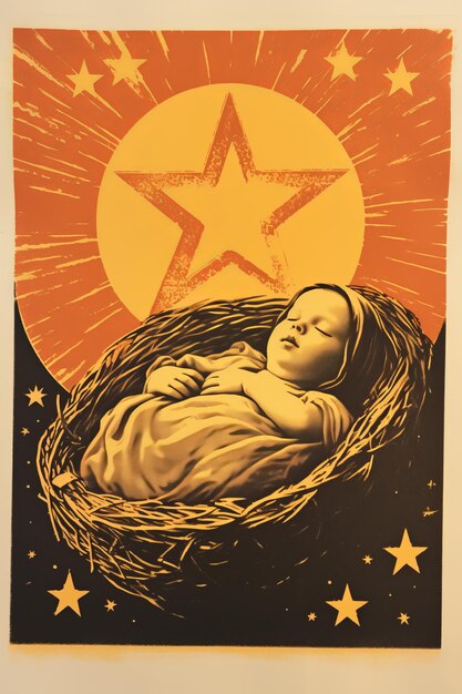 Illustration design of baby jesus in a crib under a shining star nativity scene