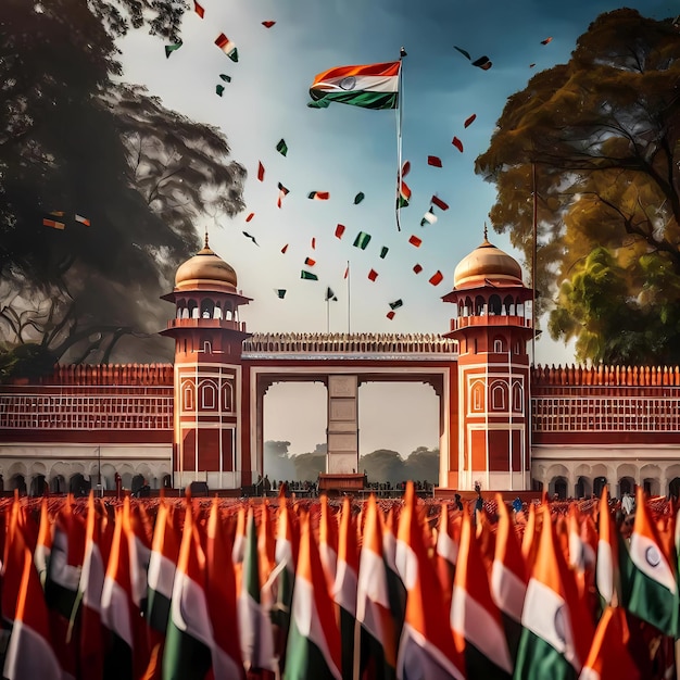 Foto disegno illustrativo della bandiera indiana e di edifici iconici per la celebrazione della giornata della repubblica indiana