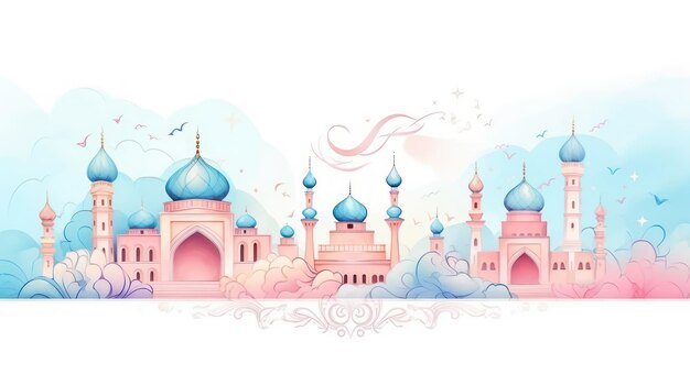 Foto disegno illustrativo per la decorazione di una moschea musulmana per l'eid al-fitr e il mese di ramadan