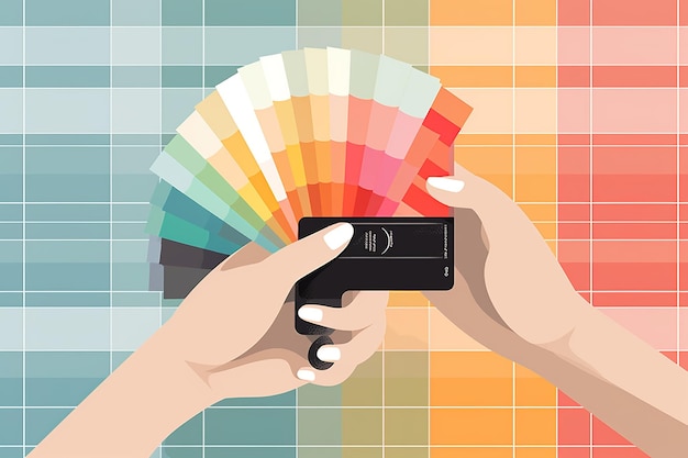 Illustration of a designer picking a color from a swatch neutral colors