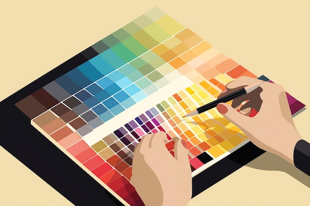 Illustration of a designer picking a color from a swatch neutral colors