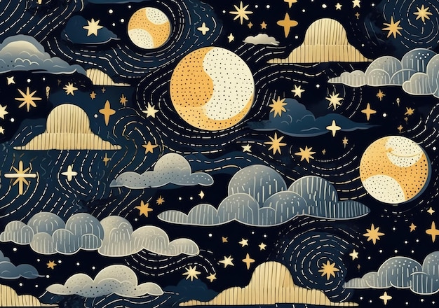 Illustration of a detailed dreamy landscape in dark gray and beige sky constellations clouds beautiful starry sky Generative AI