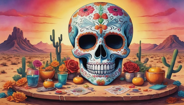 디아 데 로스 무에르토스 (Dia De Los Muertos) 의 일러스트레이션 사막의 코 데 마요 제단