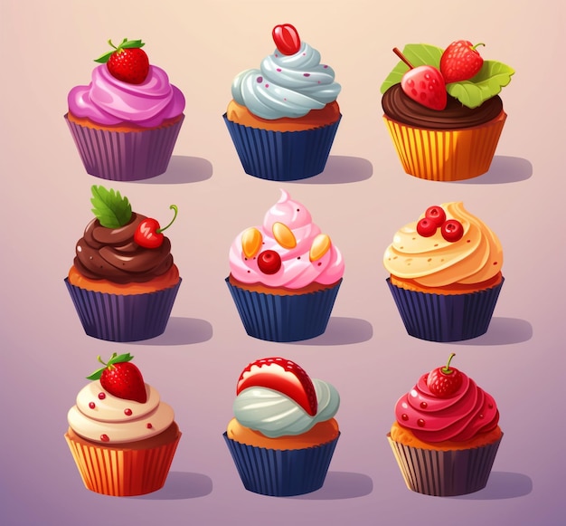 Photo illustration of different flavored cupcakes with fruits on top