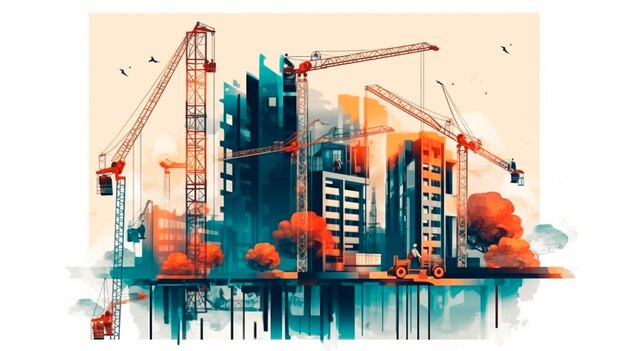 illustration digital building construction engineering with double exposure graphic design Building engineers architect people or construction workers working Generative AI illustrator