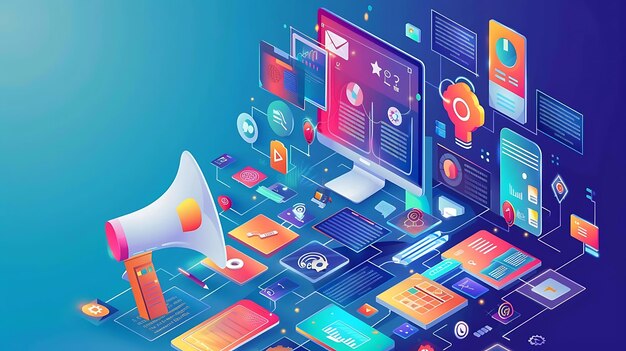 Photo illustration of digital marketing strategy with megaphone computer and mobile phones