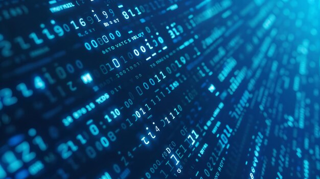 an illustration of a digital technology concept with a matrix of random binary data representing a software programming background with bits of code