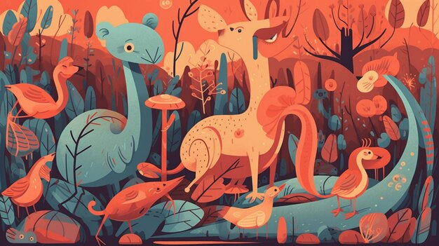 An illustration of a dinosaur and a bear in a forest