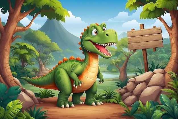Foto illustrazione di cartone animato di dinosauri con sfondo paesaggio e segno vuoto