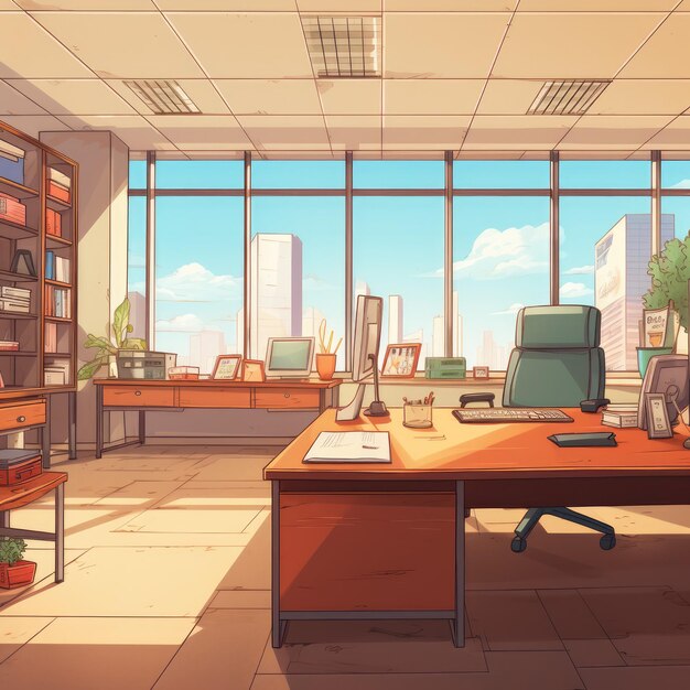 Illustration of the director39s office in anime or cartoon style Has wide windows