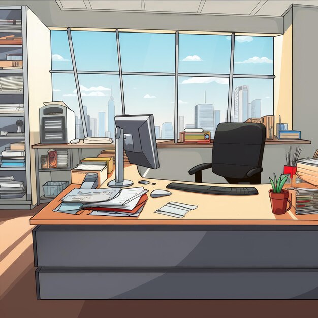 Illustration of the director39s office in anime or cartoon style Has wide windows