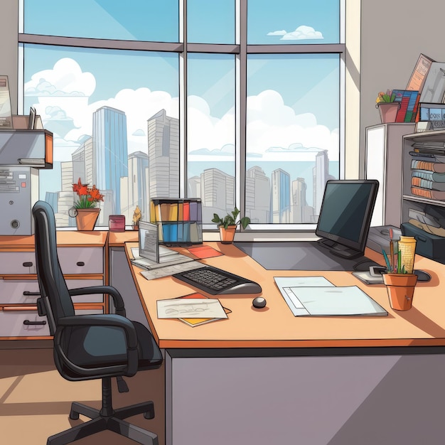 Illustration of the directors office in anime or cartoon style Has wide windows