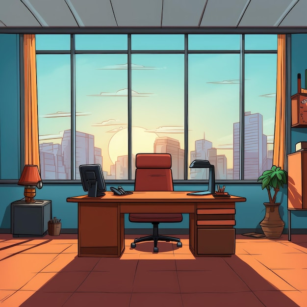 Illustration of the directors office in anime or cartoon style Has wide windows