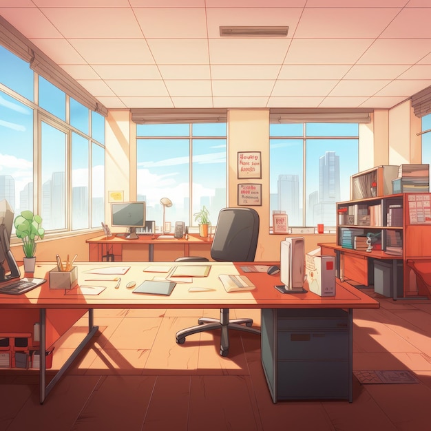 Illustration of the directors office in anime or cartoon style Has wide windows