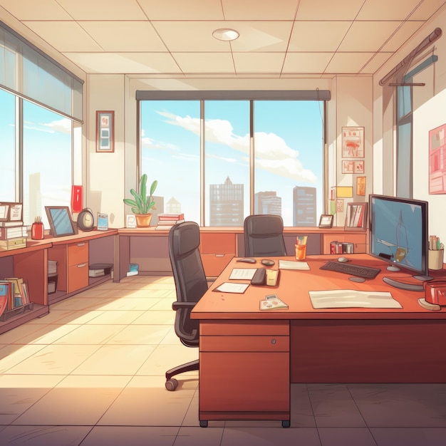 Photo illustration of the directors office in anime or cartoon style has wide windows