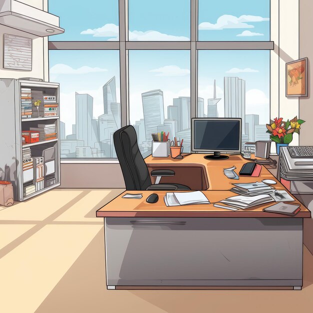 Illustration of the directors office in anime or cartoon style Has wide windows