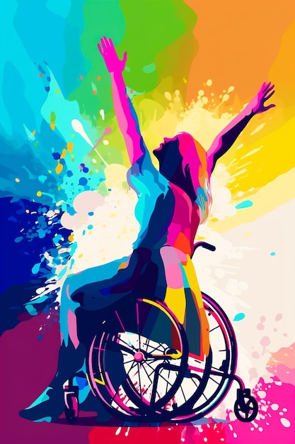 Иллюстрация женщины-инвалида в инвалидной коляске дешевле с вытянутыми вверх руками