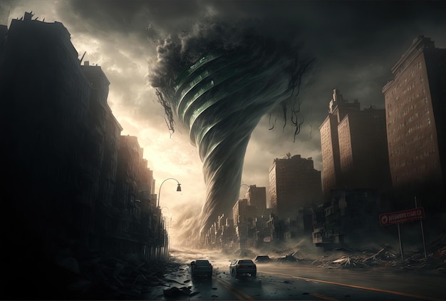 Illustration of a disaster scene with a city in a tornado