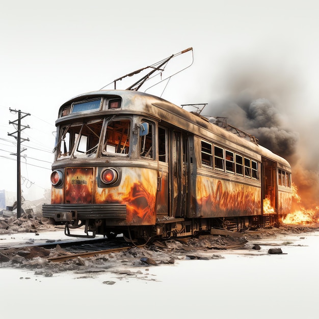 illustration discarded tram wrecked burnt smashed perfect presentation