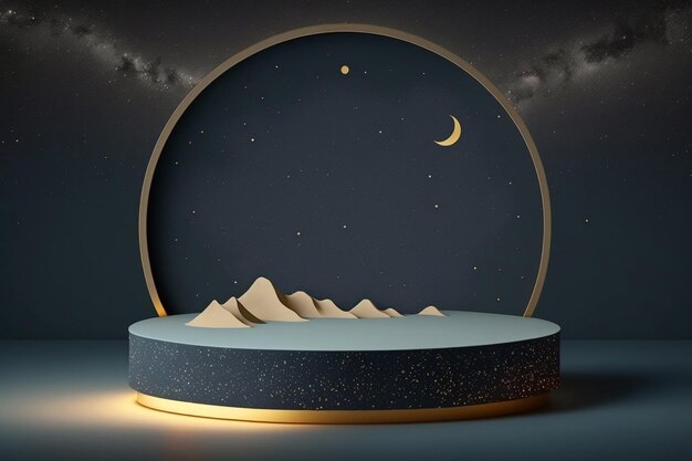 Illustration of display podium with mountains and starry sky arch background template Generative AI