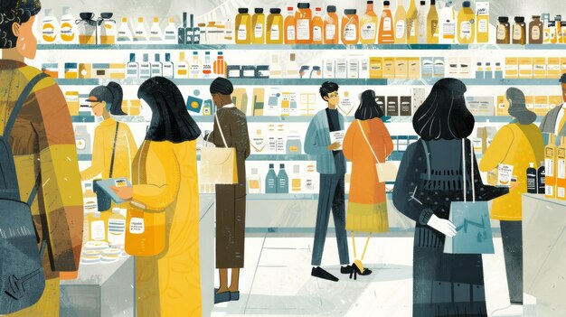 Illustration of a diverse group of people shopping stylised dynamic