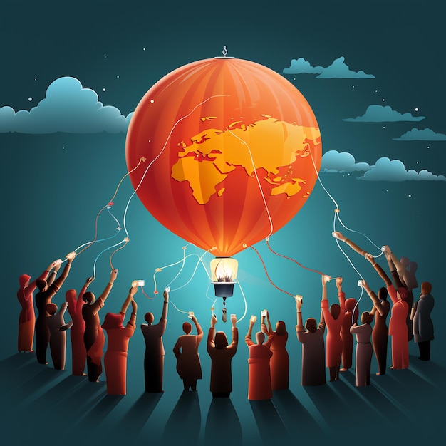 An illustration of diverse hands each holding a string attached to a floating 2024 balloon symboli