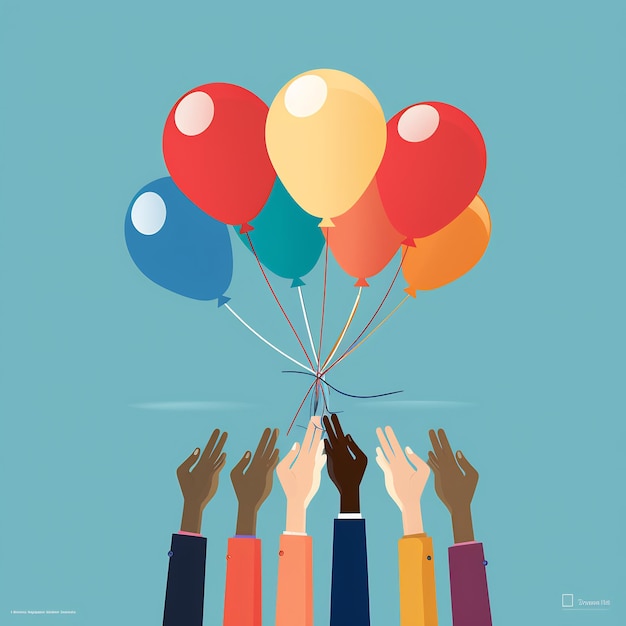 Photo an illustration of diverse hands each holding a string attached to a floating 2024 balloon symboli